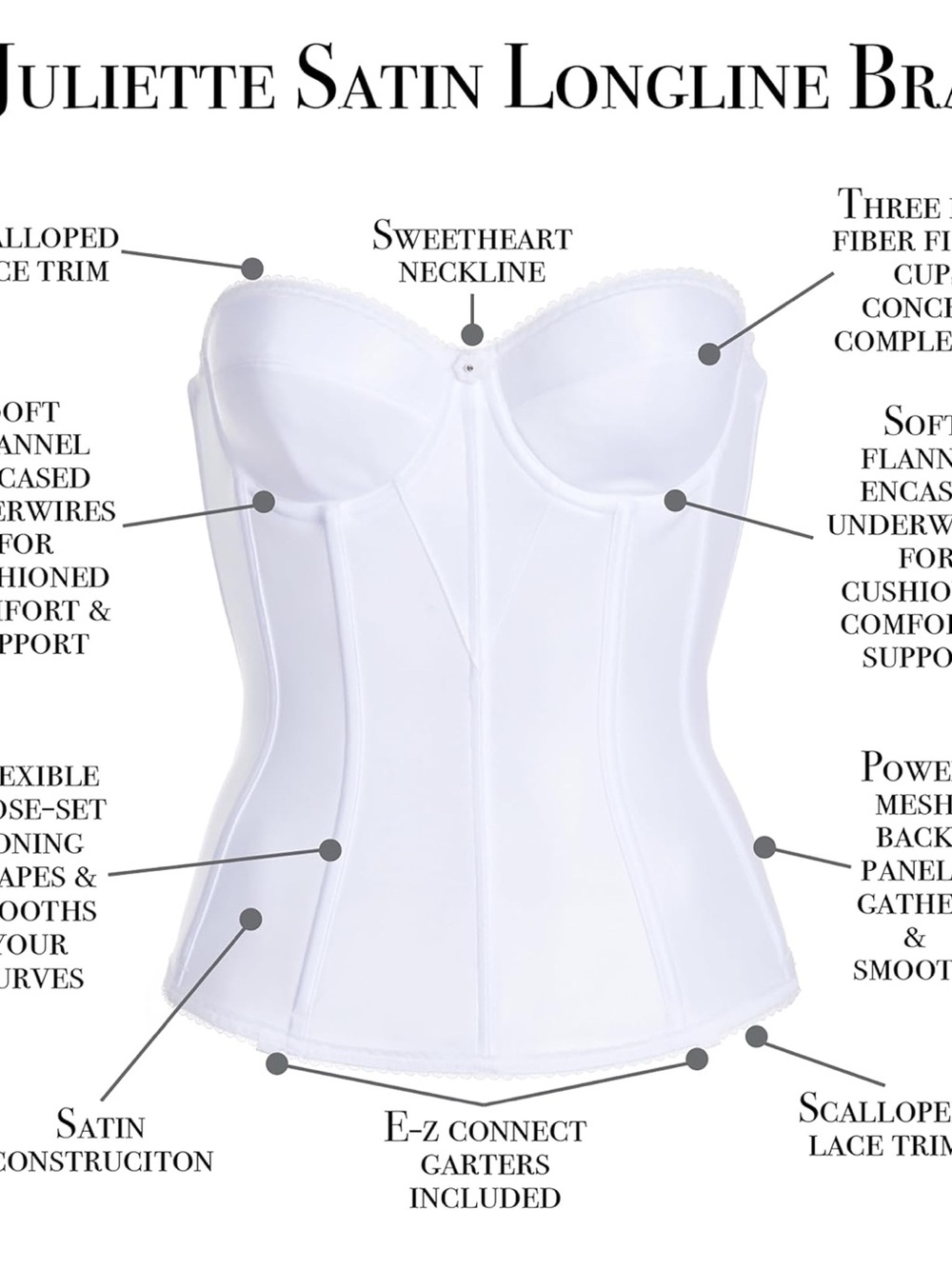 Dominique White Satin Longline Bustier with Sweetheart Neckline